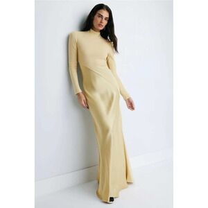 Rosetta Getty Mixed MediaTurtleneck Maxi Dress Yellow XS Long Sleeve Satin Skirt